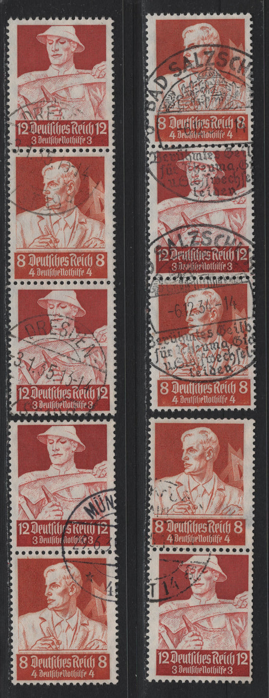 Lot 120 Germany SC#B63-B64 (S227-S230) 8pf+4pf - 12pf+3pf Orange Brown - Henna Brown , 1934 Semi Postal Issue, 4 Fine/Very Fine Used Vertical Booklet Pairs & Strip Of 3