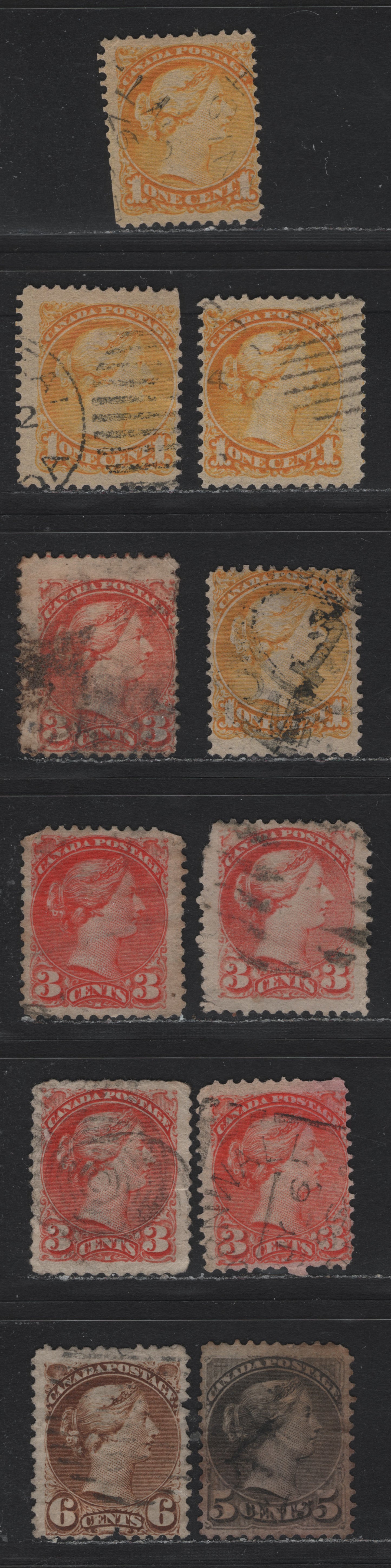 Lot 12 Canada #35, 37, 41-42, 39 1c - 6c Yellow - Yellow Brown Queen Victoria, 1870-1897 Small Queen Issue, 11 Ungraded Singles, Faulty 2nd Ottawa & Montreal Printings, Unchecked As To Paper & Perfs