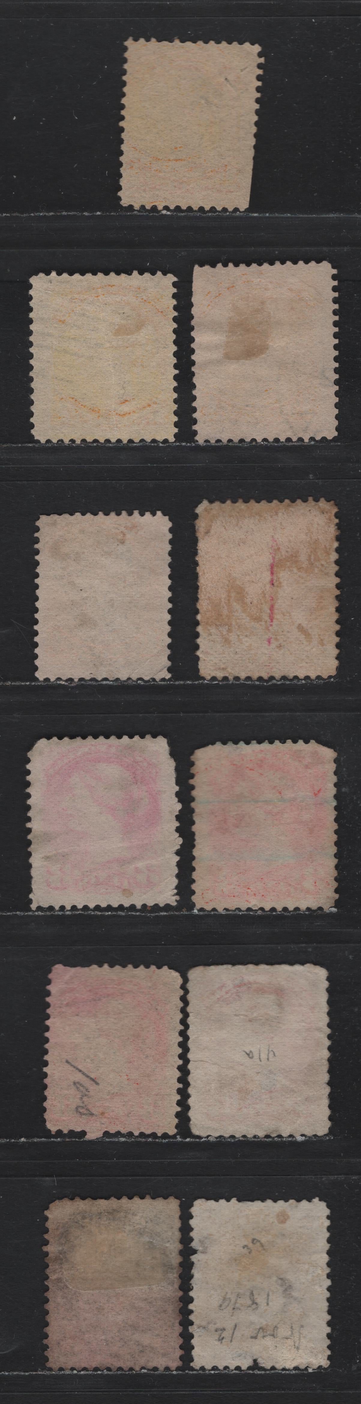 Lot 12 Canada #35, 37, 41-42, 39 1c - 6c Yellow - Yellow Brown Queen Victoria, 1870-1897 Small Queen Issue, 11 Ungraded Singles, Faulty 2nd Ottawa & Montreal Printings, Unchecked As To Paper & Perfs