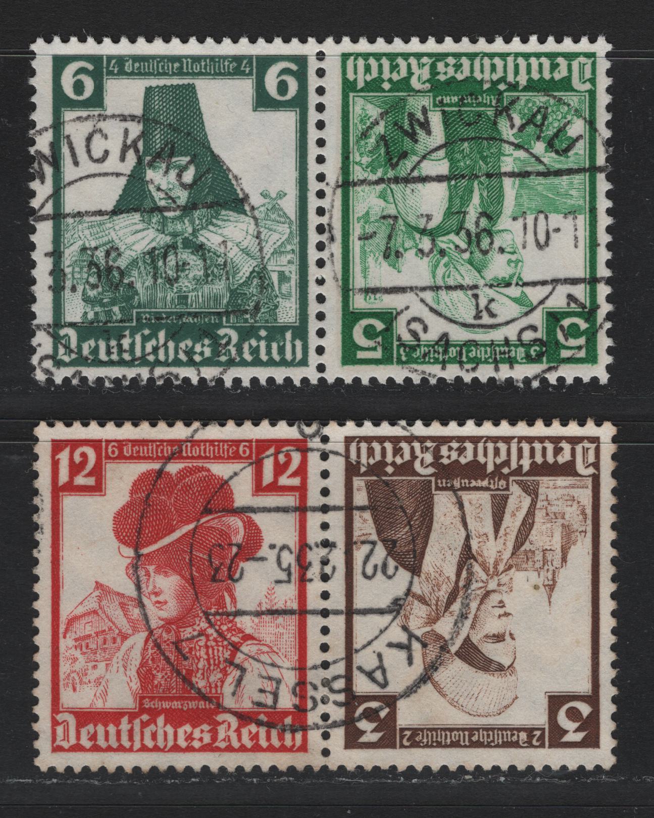 Lot 122 Germany SC#B69, B71-B72, B74 (K25-26) 3pf+2pf - 12pf+6pf Dark Brown - Dark Carmine , 1935 Costumes Semi Postal Issue, 2 Very Fine Used Horizontal Tete-Beche Booklet Pairs