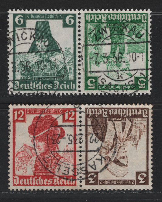 Lot 122 Germany SC#B69, B71-B72, B74 (K25-26) 3pf+2pf - 12pf+6pf Dark Brown - Dark Carmine , 1935 Costumes Semi Postal Issue, 2 Very Fine Used Horizontal Tete-Beche Booklet Pairs