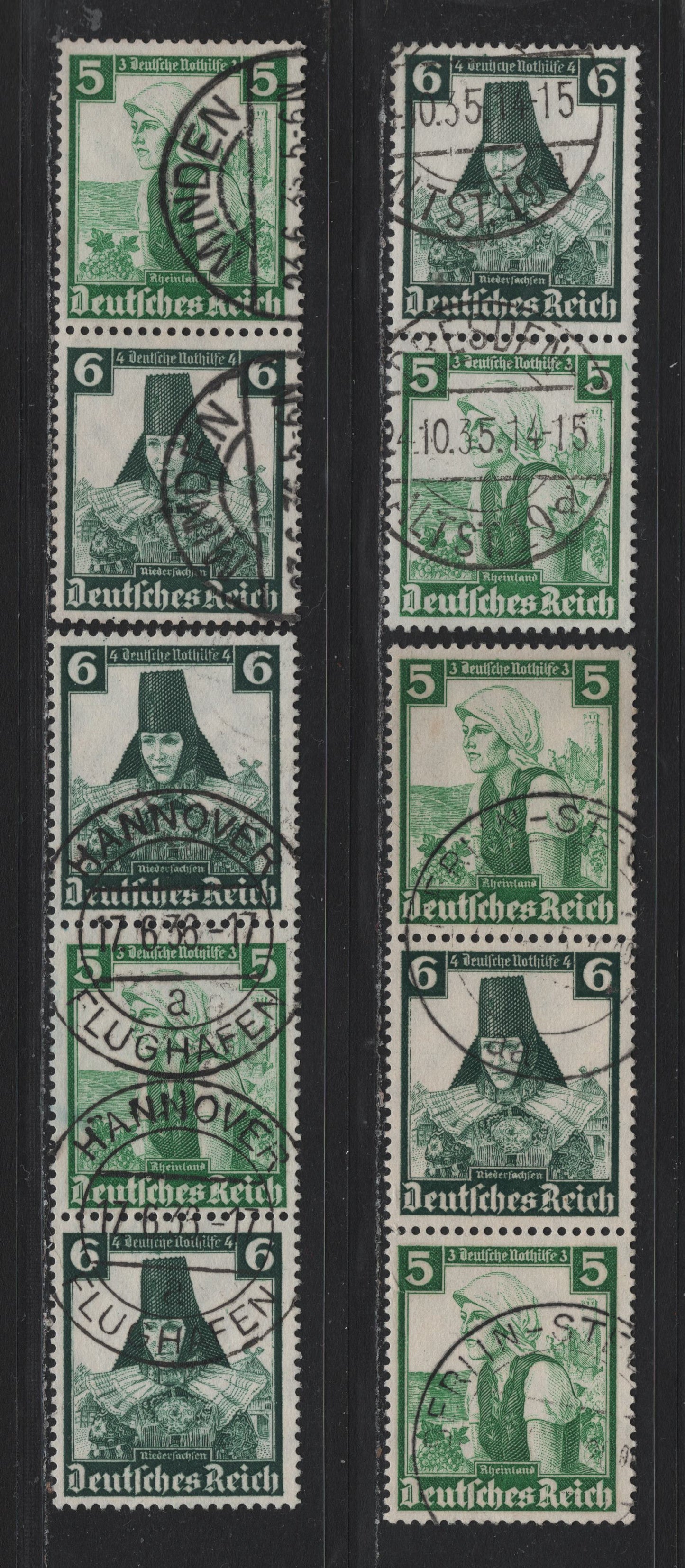 Lot 123 Germany SC#B71-B72 (S231-S234) 5pf+3pf - 6pf+4pf Emerald - Dark Green , 1935 Costumes Semi Postal Issue, 4 Very Fine Used Vertical Booklet Pairs & Strip Of 3
