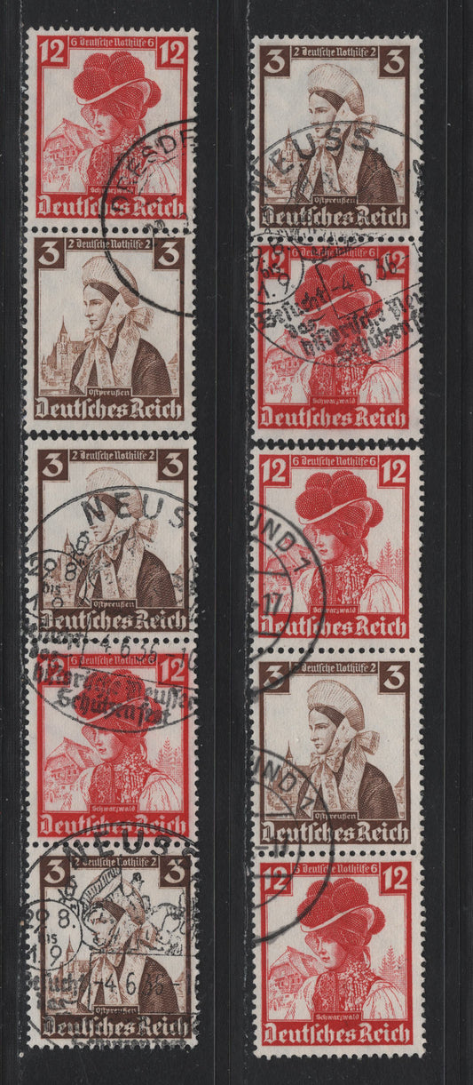 Lot 124 Germany SC#B69, B74 (S235-S238) 3pf+2pf - 12pf+6pf Dark Brown - Carmine , 1935 Costumes Semi Postal Issue, 4 Fine/Very Fine Used Vertical Booklet Pairs & Strips, Minor Perf Separation On The 12pf+6pf & 3pf+2pf Pair