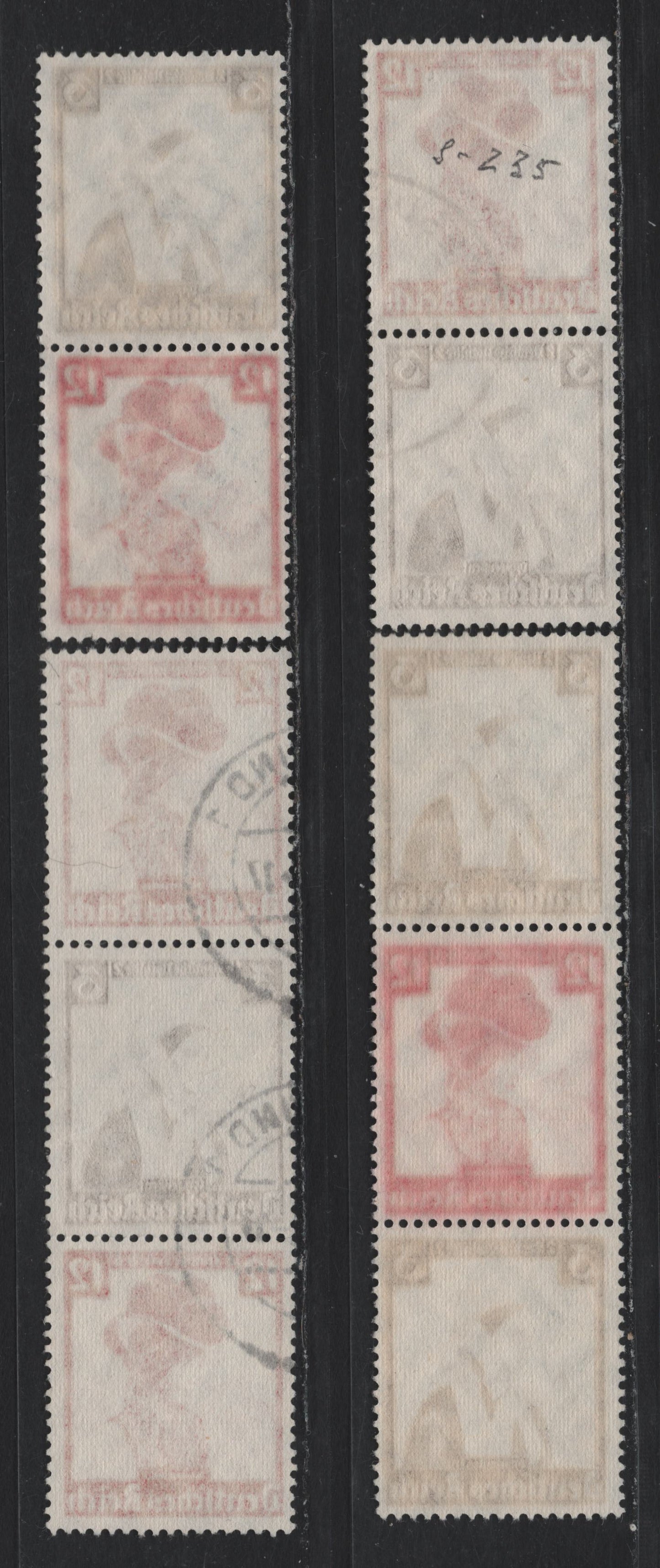 Lot 124 Germany SC#B69, B74 (S235-S238) 3pf+2pf - 12pf+6pf Dark Brown - Carmine , 1935 Costumes Semi Postal Issue, 4 Fine/Very Fine Used Vertical Booklet Pairs & Strips, Minor Perf Separation On The 12pf+6pf & 3pf+2pf Pair
