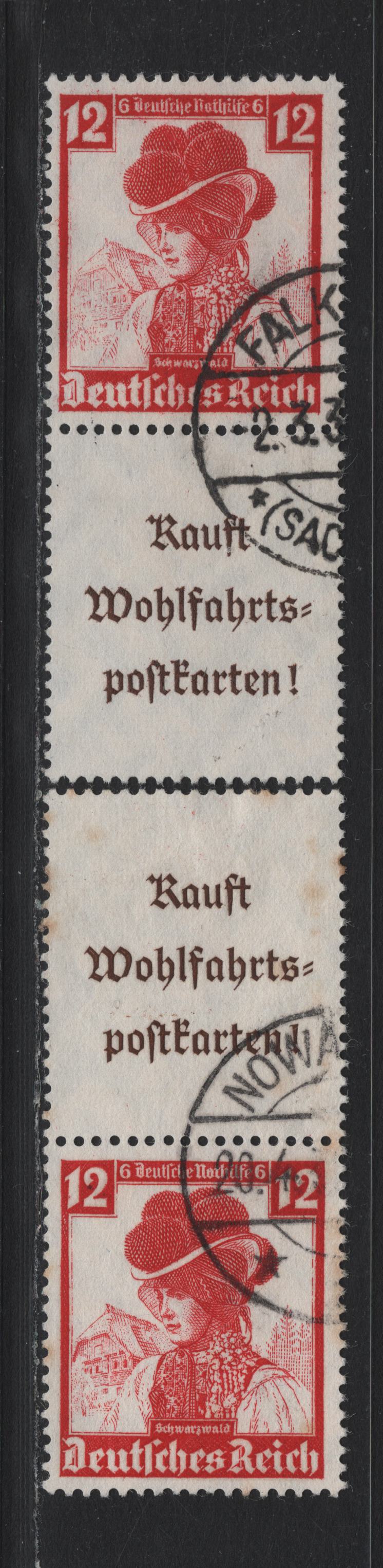 Lot 125 Germany SC#B74 (S239, S241) 12pf+6pf Carmine , 1935 Costumes Semi Postal Issue, 2 Fine Used Vertical L-S & S-L Booklet Pairs, Some Minor Toning On The L-S Pair