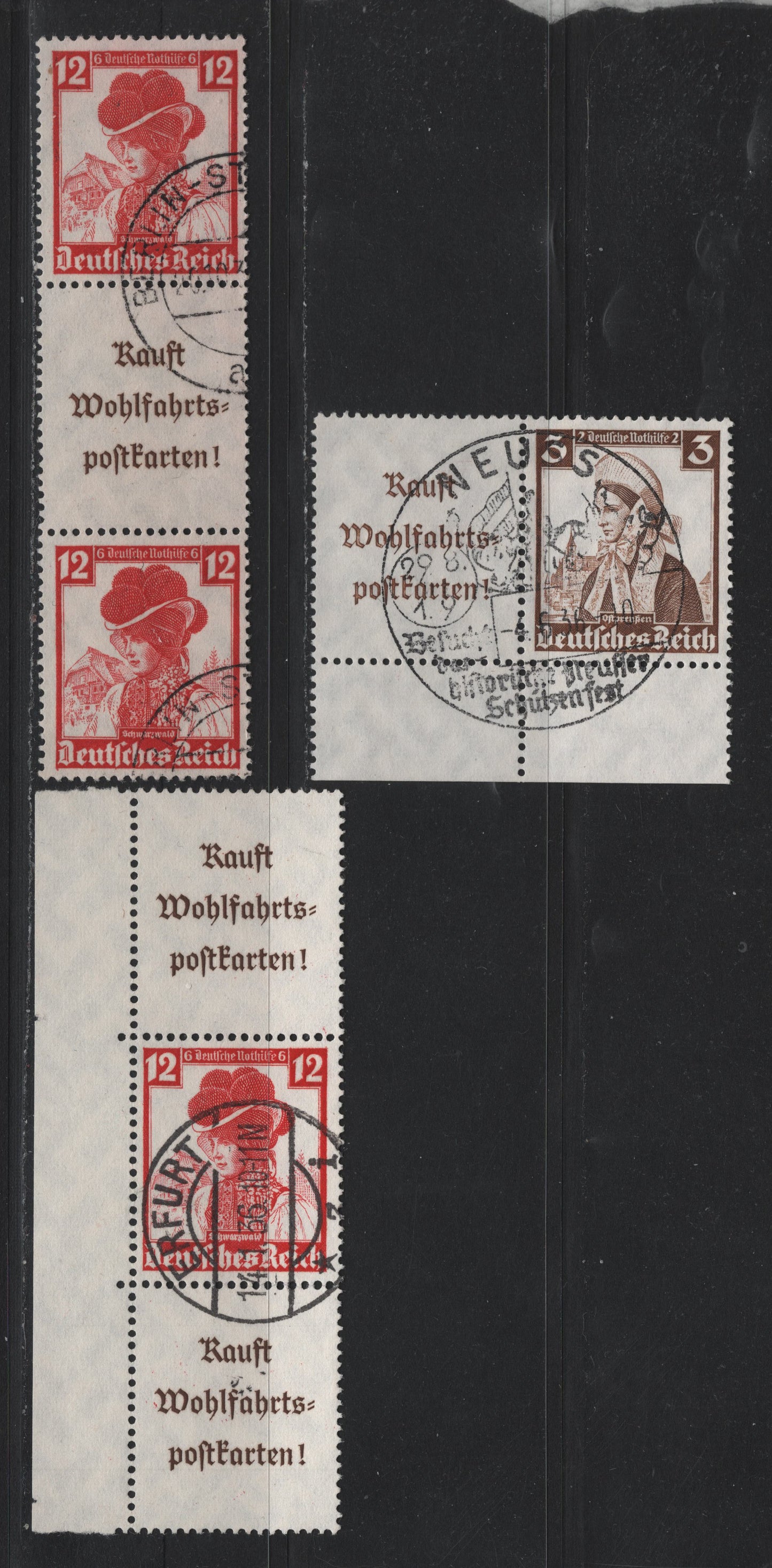 Lot 126 Germany SC#B69, B75 (S240, S242, W102) 3pf+2pf - 12pf+6pf Brown - Carmine , 1935 Costumes Semi Postal Issue, 3 Fine/Very Fine Used Vertical S-L Stamp Booklet Strip, L-S-L Booklet Strip & Horizontal L-S Booklet Pair