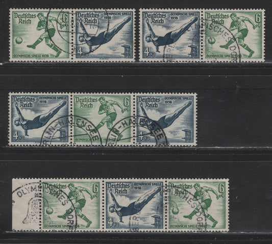 Lot 128 Germany SC#B83-B84 4pf+3pf - 6pf+4pf Indigo - Green , 1936 Berlin Olympic Games Issue, 4 Very Fine Used Horizontal Booklet Pairs & Strips, Minor Tone Spot On 1 Pair