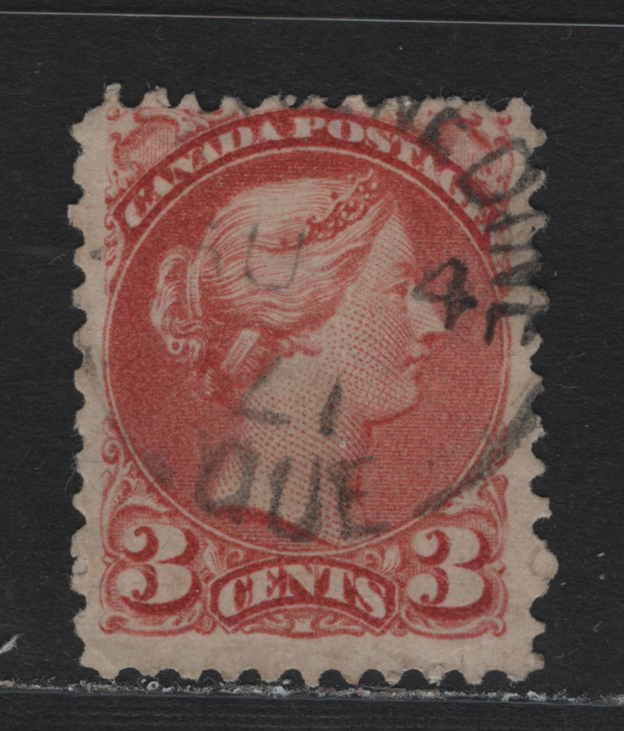 Lot 13 Canada #37a 3c Deep Rose Queen Victoria, 1870-1893 Small Queen Issue, A Very Good Used Single, Perf 12x11.9, Paper FO-B, First Ottawa Printing With August 4 1871 Cancel With Inverted '7' In Date.