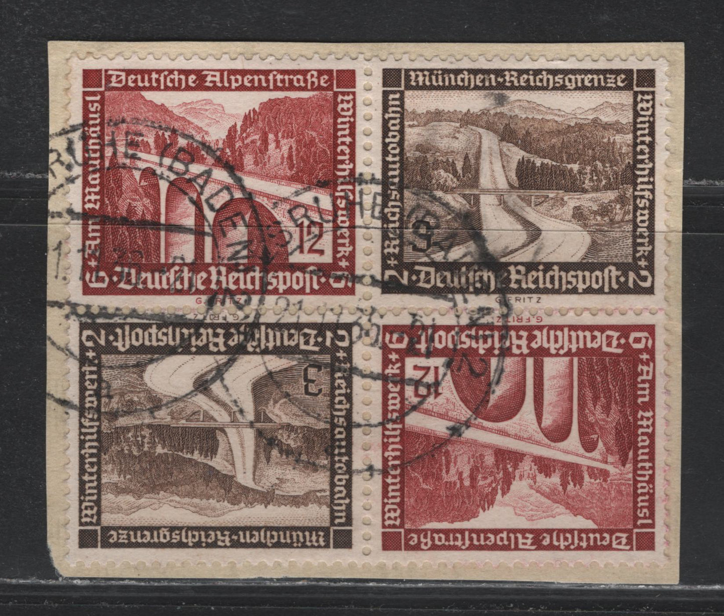 Lot 131 Germany SC#B93, B98 3pf+2pf - 12pf+6pf Black Brown - Brown Carmine , 1936 Architecture Semi Postal Issue, A Very Fine Used Tete-Beche Booklet Block On Piece