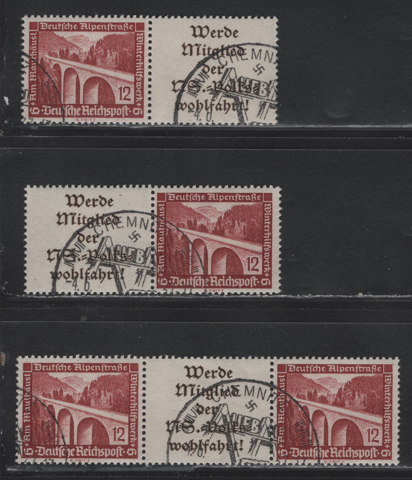 Lot 132 Germany SC#B98 12pf+6pf Brown Carmine , 1936 Architecture Semi Postal Issue, 3 Fine/Very Fine Used Horizontal S-L Booklet Pairs & S-L-S Booklet Strip, CTO With Full NH Gum