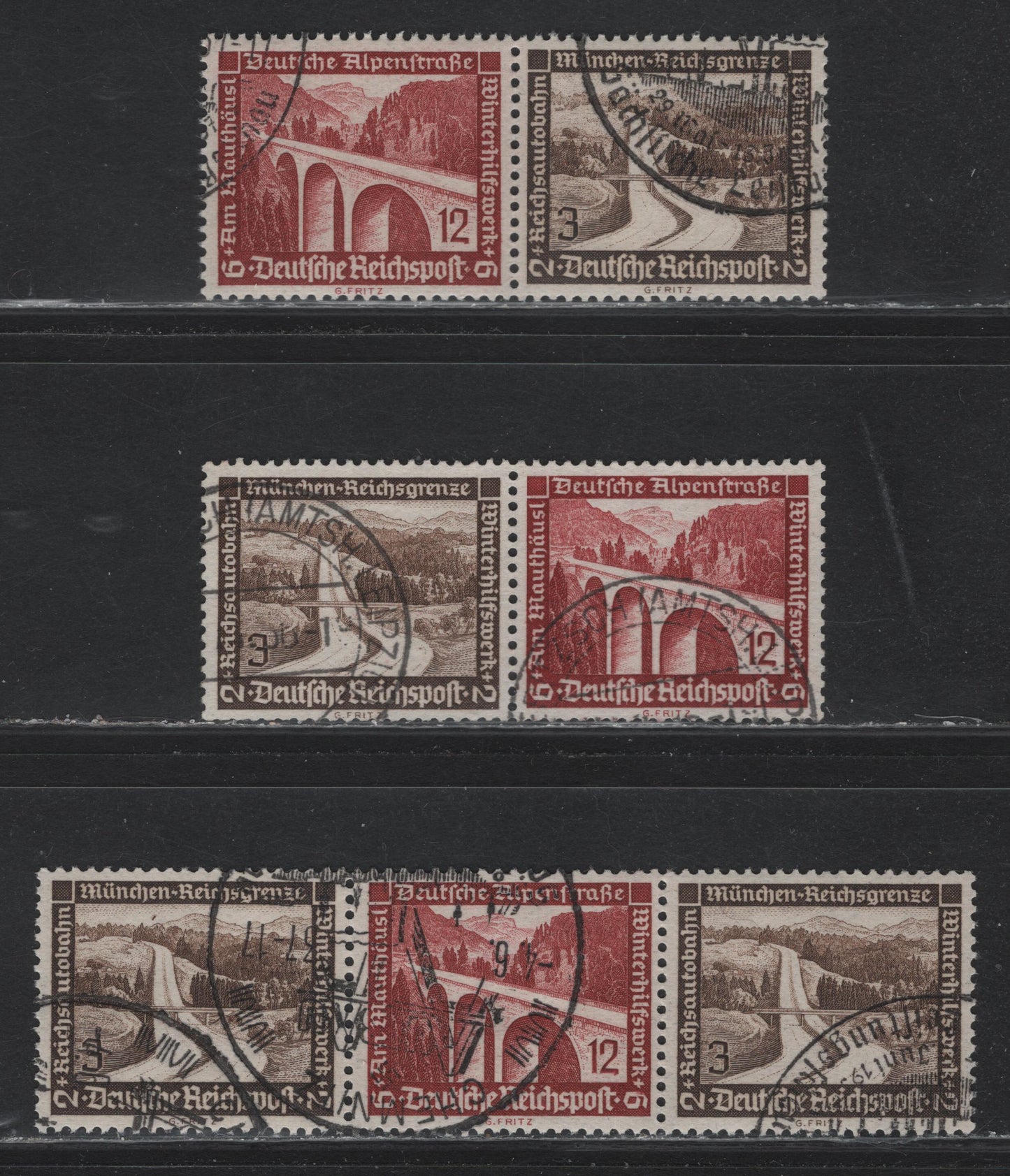 Lot 133 Germany SC#B93, B98 (W115-W117) 3pf+2pf - 12pf+6pf Black Brown - Brown Carmine , 1936 Architecture Semi Postal Issue, 3 Very Fine Used Horizontal Booklet Pairs & Strips, All Except 1 Pair Are CTO With Full NH Gum