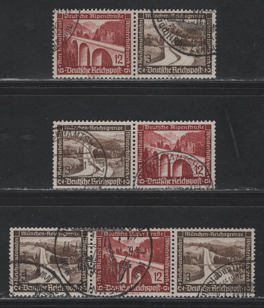 Lot 133 Germany SC#B93, B98 (W115-W117) 3pf+2pf - 12pf+6pf Black Brown - Brown Carmine , 1936 Architecture Semi Postal Issue, 3 Very Fine Used Horizontal Booklet Pairs & Strips, All Except 1 Pair Are CTO With Full NH Gum