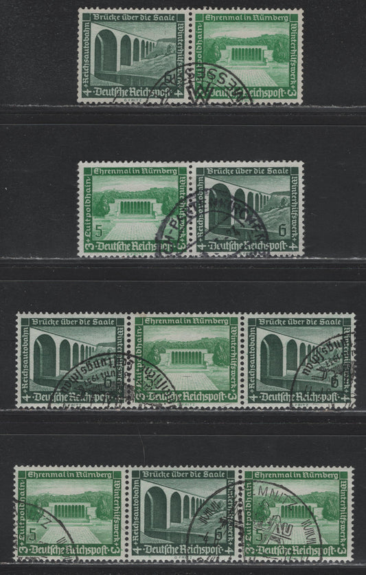 Lot 134 Germany SC#B95-B96 (W119-W122) 5pf+3pf - 6pf+4pf Yellow/Emerald Green - Dark Green , 1936 Architecture Semi Postal Issue, 4 Very Fine Used Horizontal Booklet Pairs & Strips, Strips Have Full NH Gum & Are Yellow Green