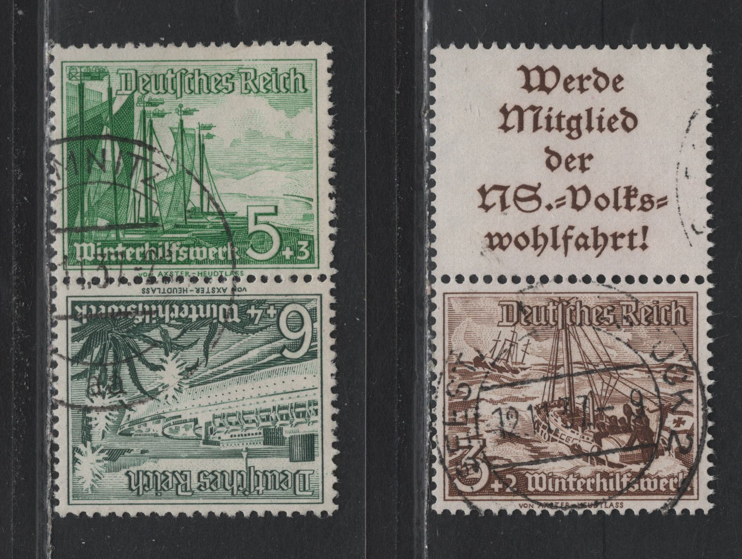 Lot 135 Germany SC#B107, 109-B110 (S244, SK32) 3pf+2pf - 6pf+4pf Brown - Dark Green , 1937 Ships Semi Postal Issue, 2 Very Fine Used L-S Booklet Pair & Tete-Beche Booklet Pair