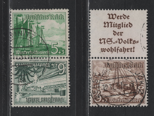 Lot 135 Germany SC#B107, 109-B110 (S244, SK32) 3pf+2pf - 6pf+4pf Brown - Dark Green , 1937 Ships Semi Postal Issue, 2 Very Fine Used L-S Booklet Pair & Tete-Beche Booklet Pair