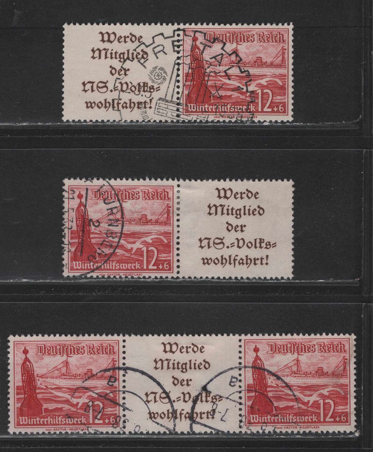 Lot 138 Germany SC#B112 (W127, W129-130) 12pf+6pf Carmine Lake , 1937 Ships Semi Postal Issue, 3 Very Fine Used Horizontal L-S, S-L & S-L-S Booklet Pairs & Strips