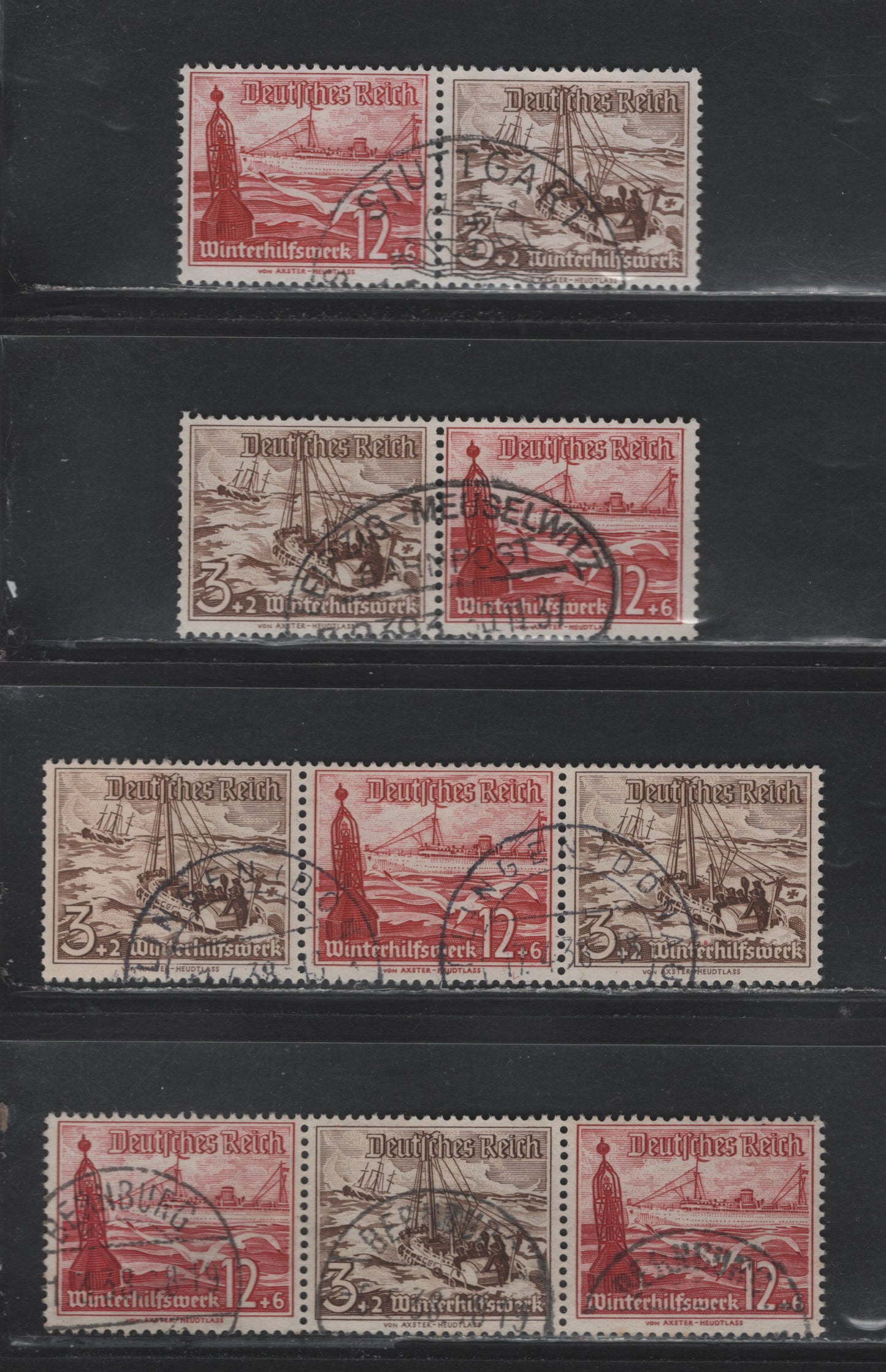 Lot 139 Germany SC#B107, B112 (W131-W134) 3pf+2pf - 12pf+6pf Brown - Carmine Lake , 1937 Ships Semi Postal Issue, 4 Fine/Very Fine Used Horizontal Booklet Pairs & Strips