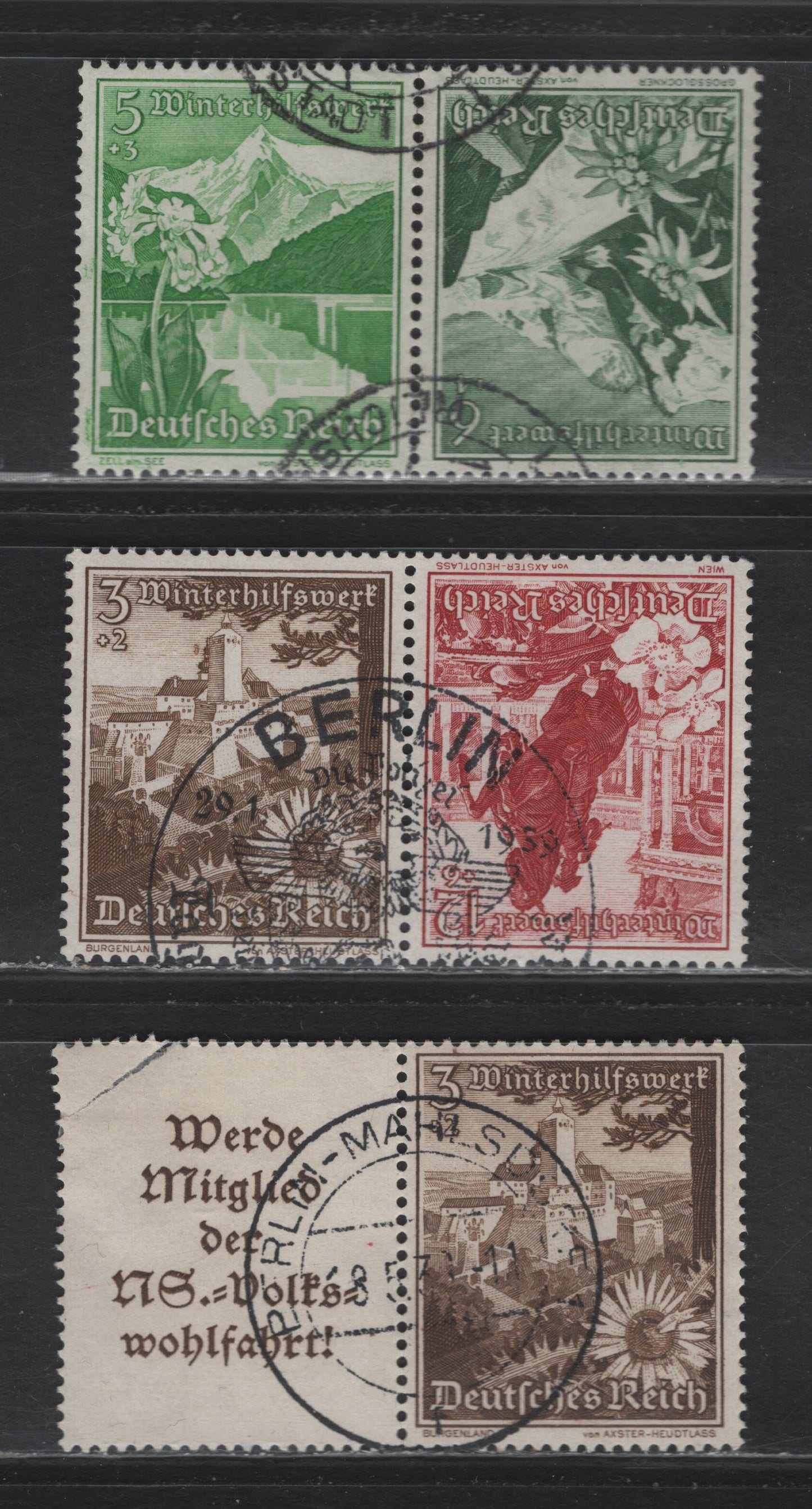 Lot 140 Germany SC#B123-/B126 (K33-K34, W135) 3pf+2pf - 12pf+6pf Olive Brown - Dark Carmine , 1938 Winter Help Semi Postal Issue, 3 Very Fine Used Tete-Beche Booklet Pairs & Horizontal L-S Booklet Pair