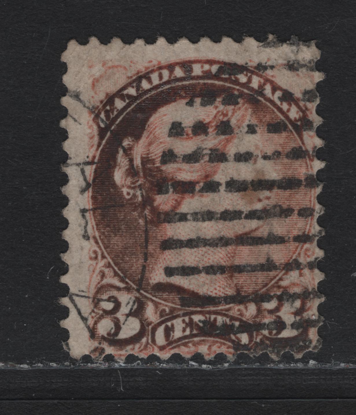 Lot 14 Canada #37 3c Black - Orange Red Queen Victoria, 1870-1893 Small Queen Issue, A Fair Used Single, Fully Oxidized Late Montreal Printing, Perf 12.2x12.25, Paper LM-O.