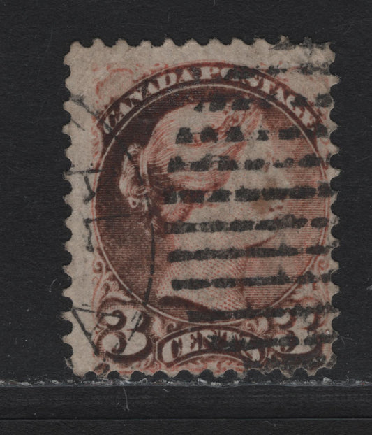 Lot 14 Canada #37 3c Black - Orange Red Queen Victoria, 1870-1893 Small Queen Issue, A Fair Used Single, Fully Oxidized Late Montreal Printing, Perf 12.2x12.25, Paper LM-O.