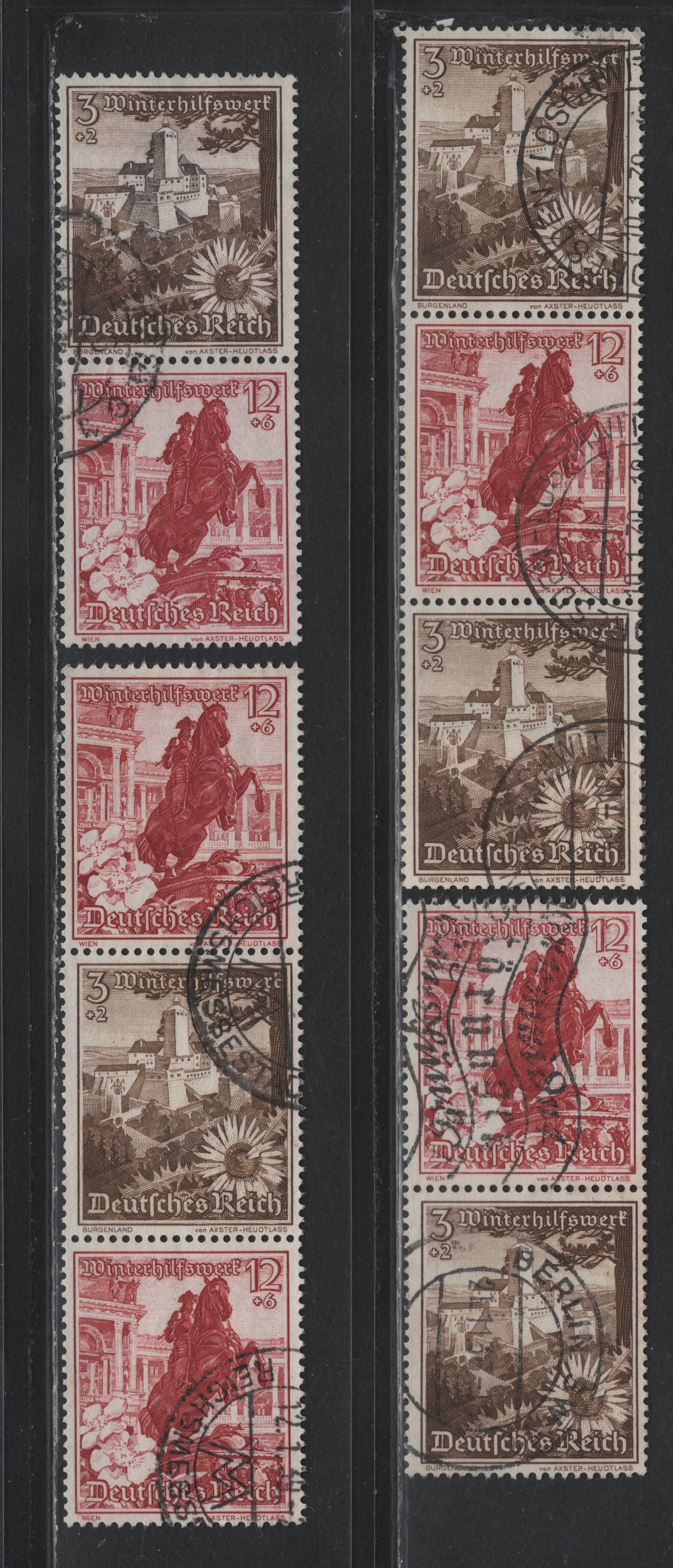 Lot 142 Germany SC#B123, B128 (S249-S252) 3pf+2pf - 12pf+6pf Olive Brown - Dark Carmine , 1938 Winter Help Semi Postal Issue, 4 Fine/Very Fine Used Vertical Booklet Pairs & Strips