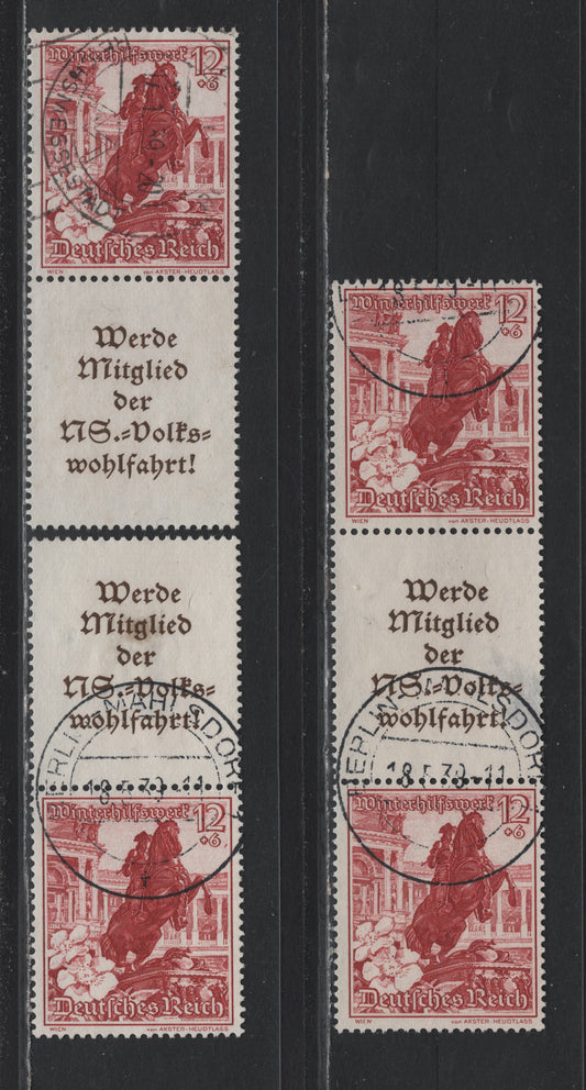 Lot 143 Germany SC#B128 (S253-S255) 12pf+6pf Dark Carmine , 1938 Winter Help Semi Postal Issue, 3 Fine/Very Fine Used Vertical L-S, S-L Booklet Pairs & S-L-S Booklet Strip of 3
