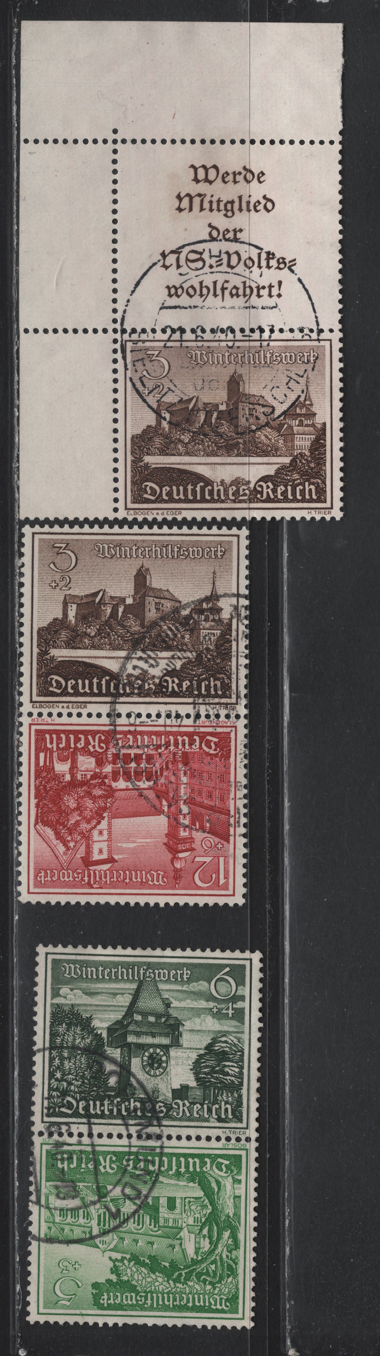 Lot 144 Germany SC#B160/B165 (S257, SK35-SK36) 3pf+2pf - 12pf+6pf Dark Brown - Dark Carmine , 1939 Buildings Winter Relief Semi Postal Issue, 3 Very Fine Used Vertical L-S Booklet Pair & Tete-Beche Booklet Pairs
