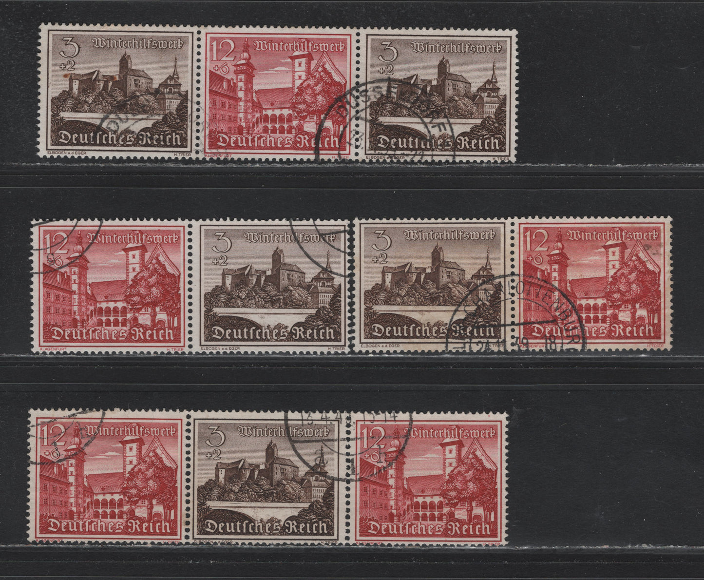 Lot 147 Germany SC#B160, B165 (W144-W147) 3pf+2pf - 12pf+6pf Dark Brown - Dark Carmine , 1939 Buildings Winter Relief Semi Postal Issue, 4 Fine/Very Fine Used Horizontal Booklet Pairs & Strips