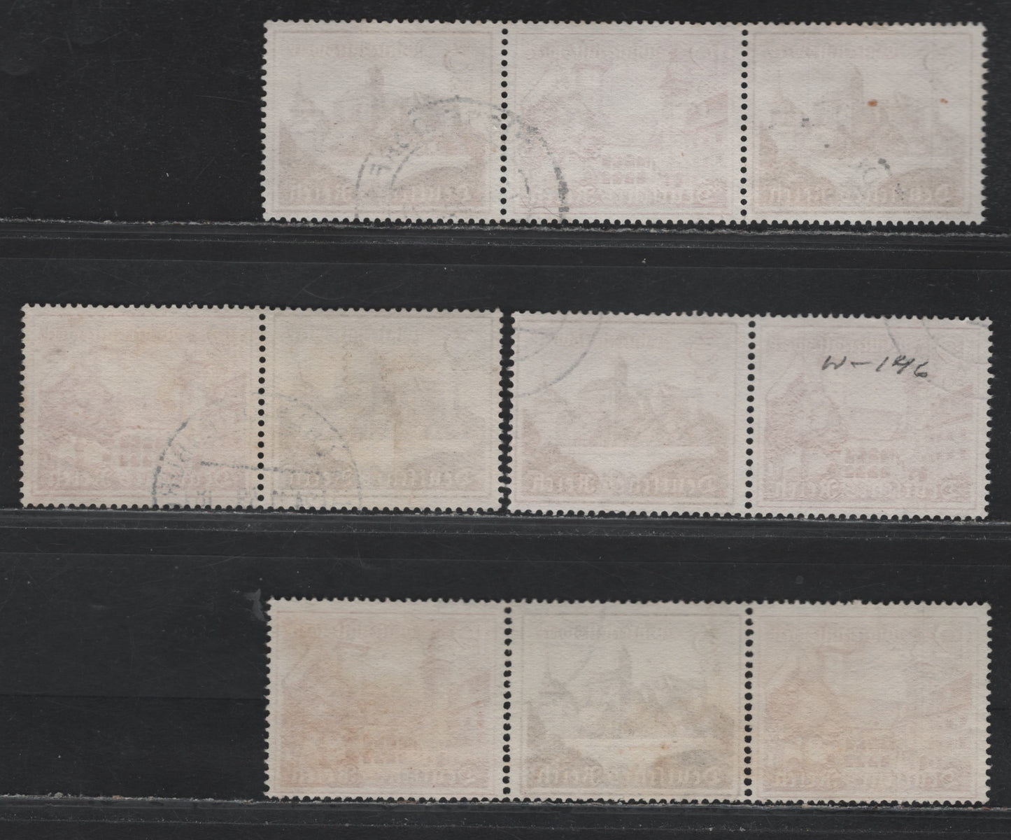 Lot 147 Germany SC#B160, B165 (W144-W147) 3pf+2pf - 12pf+6pf Dark Brown - Dark Carmine , 1939 Buildings Winter Relief Semi Postal Issue, 4 Fine/Very Fine Used Horizontal Booklet Pairs & Strips