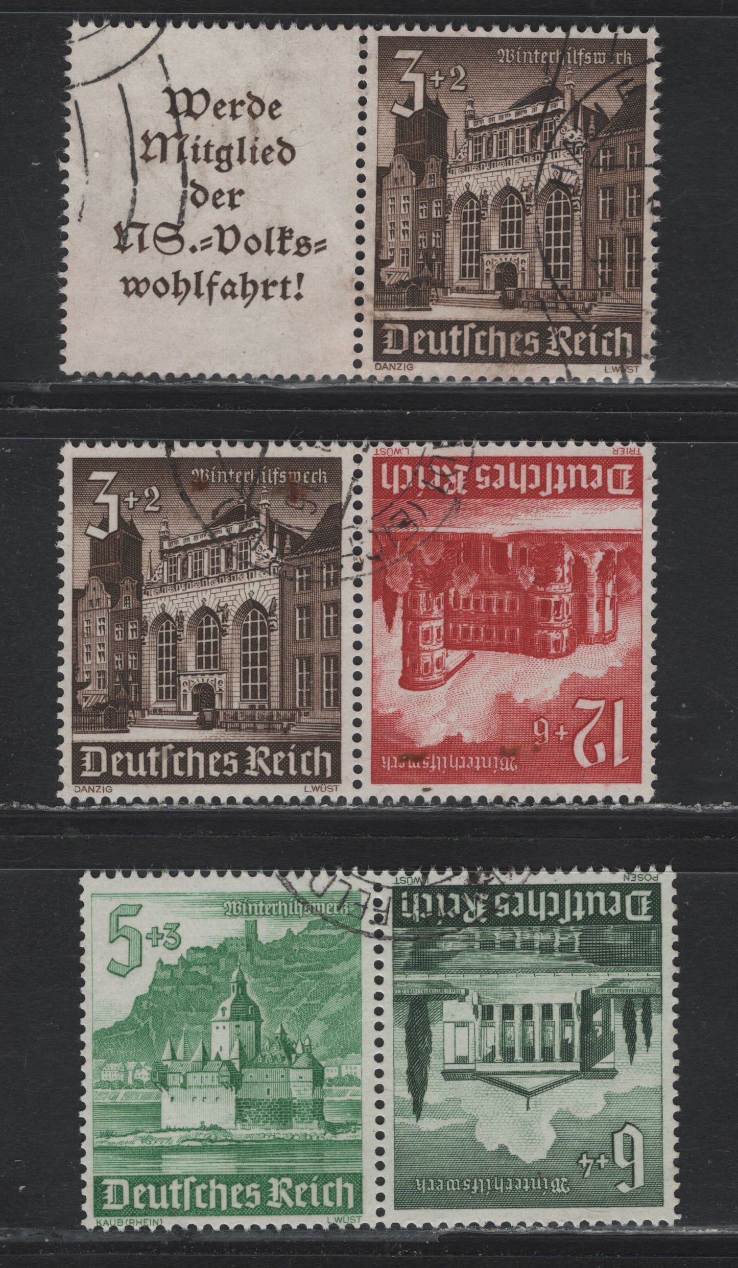 Lot 148 Germany SC#B177/B182 (W148, K37-K38) 3pf+2pf - 12pf+6pf Dark Brown - Carmine , 1940 Buildings Winter Help Issue, 3 Very Fine Used Tete-Beche Booklet Pairs & Horiz L-S Booklet Pair
