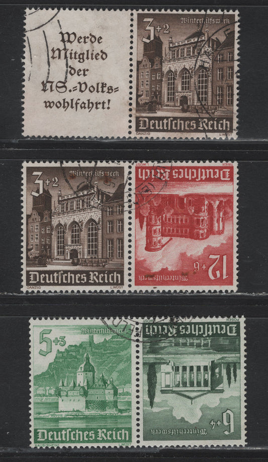 Lot 148 Germany SC#B177/B182 (W148, K37-K38) 3pf+2pf - 12pf+6pf Dark Brown - Carmine , 1940 Buildings Winter Help Issue, 3 Very Fine Used Tete-Beche Booklet Pairs & Horiz L-S Booklet Pair