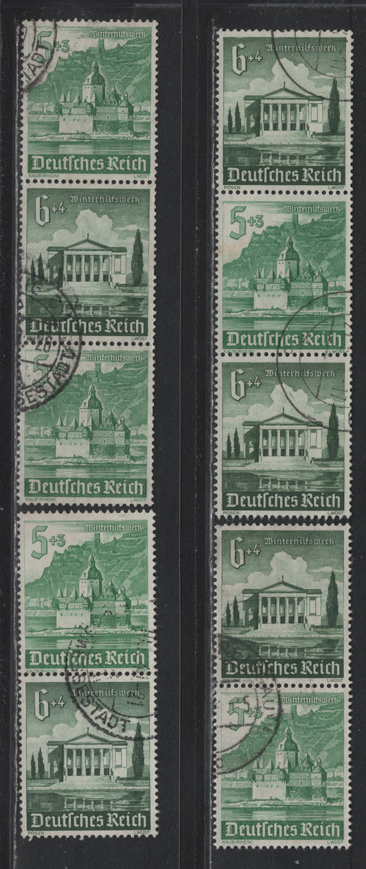 Lot 149 Germany SC#B179-B180 (S258-S261) 5pf+3pf - 6pf+4pf Yellow Green - Dark Green , 1940 Buildings Winter Help Issue, 4 Very Fine Used Vertical Booklet Pairs & Strips