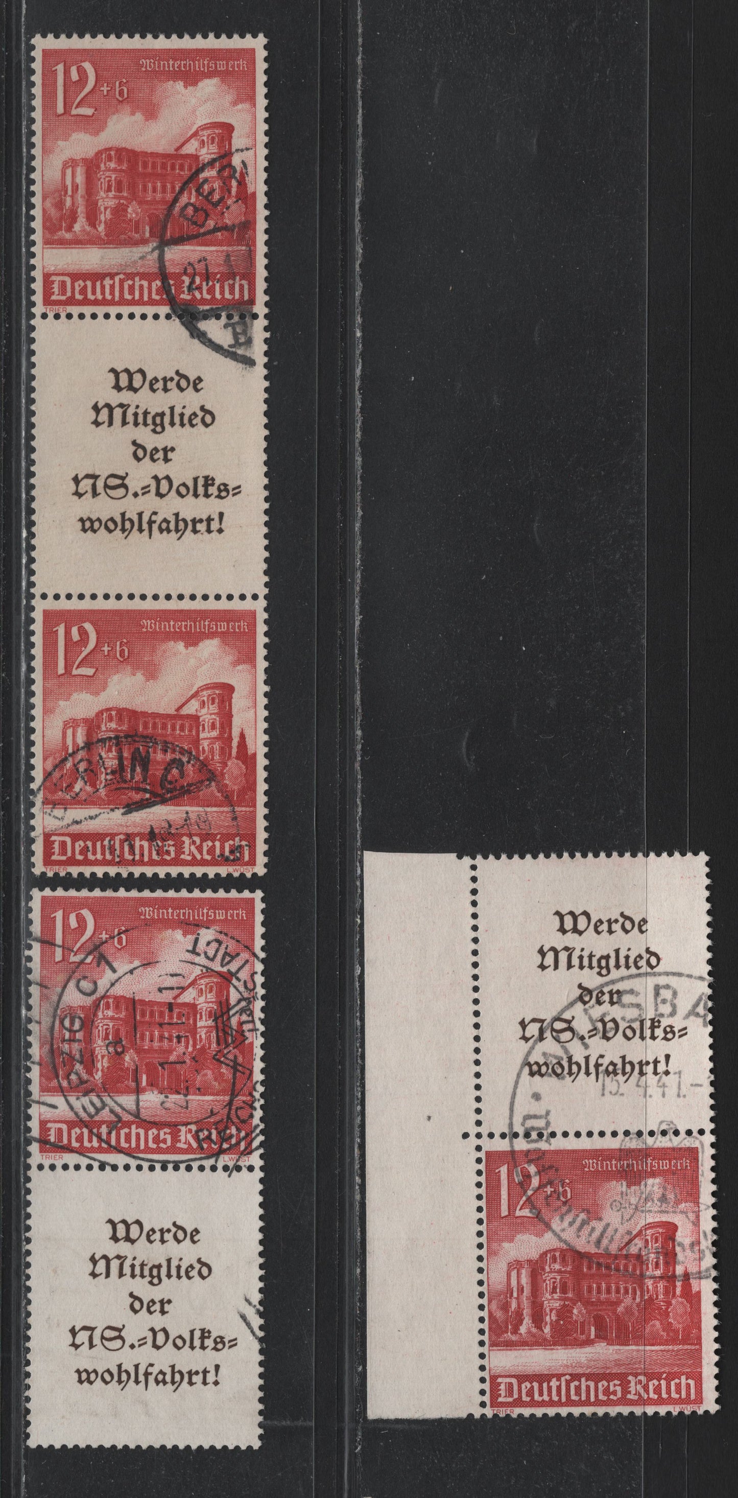 Lot 150 Germany SC#B182 (S262-S264) 12pf+6pf Carmine , 1940 Buildings Winter Help Issue, 3 Fine/Very Fine Used Vertical L-S & S-L Booklet Pairs & S-L-S Booklet Strip