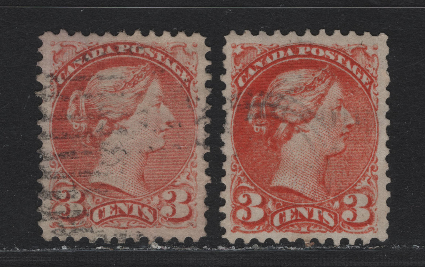 Lot 15 Canada #37e,iii 3c Red - Red Orange Queen Victoria, 1870-1893 Small Queen Issue, A Very Fine Used Single, Perf 11.75x12, MM-J & MM-G Papers