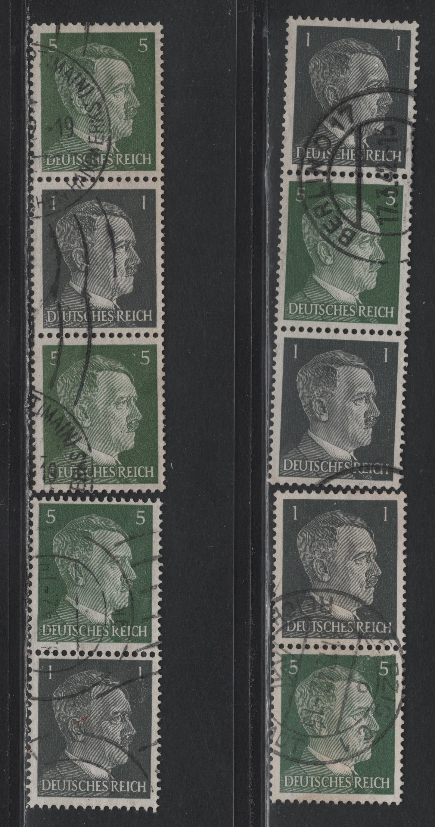 Lot 153 Germany SC#506, 509 (S270-S273) 1pf - 5pf Gray Black - Deep Yellow Green , 1941-1944 Hitler Heads Issue, 4 Fine/Very Fine Used Vertical Booklet Pairs & Strips