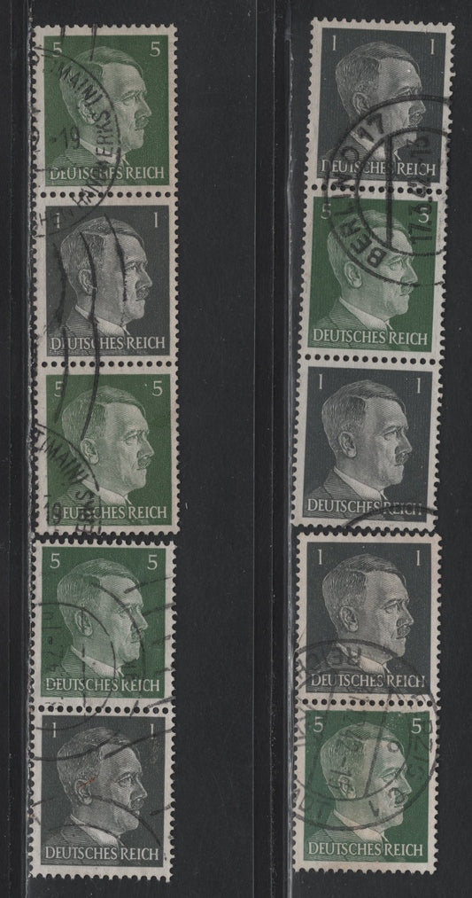 Lot 153 Germany SC#506, 509 (S270-S273) 1pf - 5pf Gray Black - Deep Yellow Green , 1941-1944 Hitler Heads Issue, 4 Fine/Very Fine Used Vertical Booklet Pairs & Strips