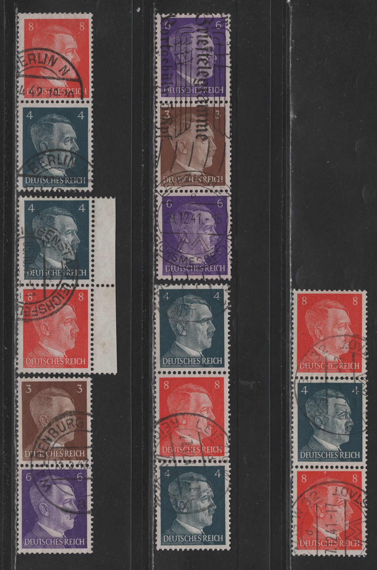 Lot 154 Germany SC#507/511 (S271, S277-S281) 3pf - 8pf Brown - Red Orange , 1941-1944 Hitler Heads Issue, 6 Fine/Very Fine Used Vertical Booklet Pairs & Strips