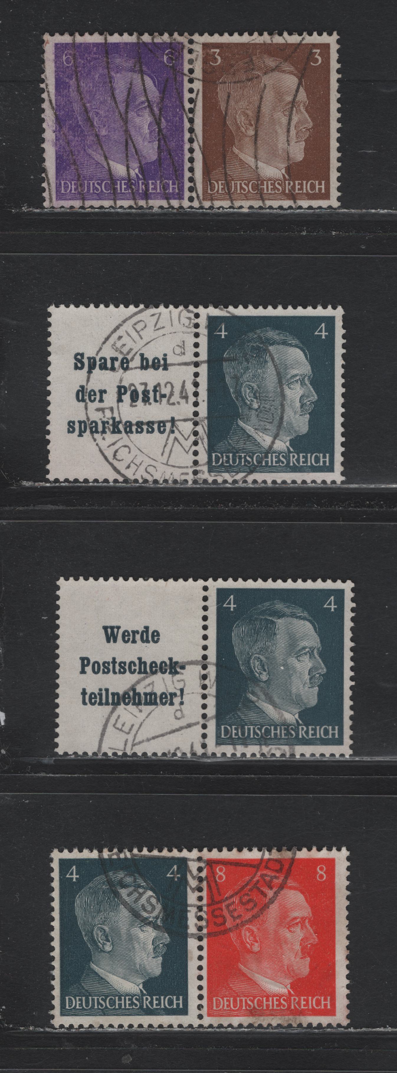 Lot 156 Germany SC#507-511 (W149-W152) 3pf - 8pf Brown - Red Orange , 1941-1944 Hitler Heads Issue, 4 Fine/Very Fine Used Horizontal Booklet Pairs & L-S Booklet Pairs