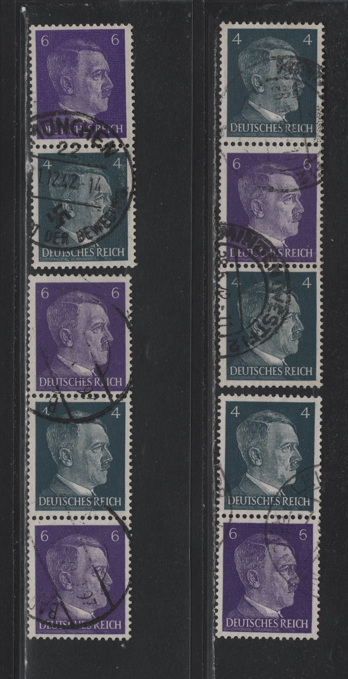 Lot 158 Germany SC#508, 510 (S290-S293) 4pf - 6pf Slate - Violet , 1941-1944 Hitler Heads Issue, 4 Very Fine Used Coil Pairs & Strips