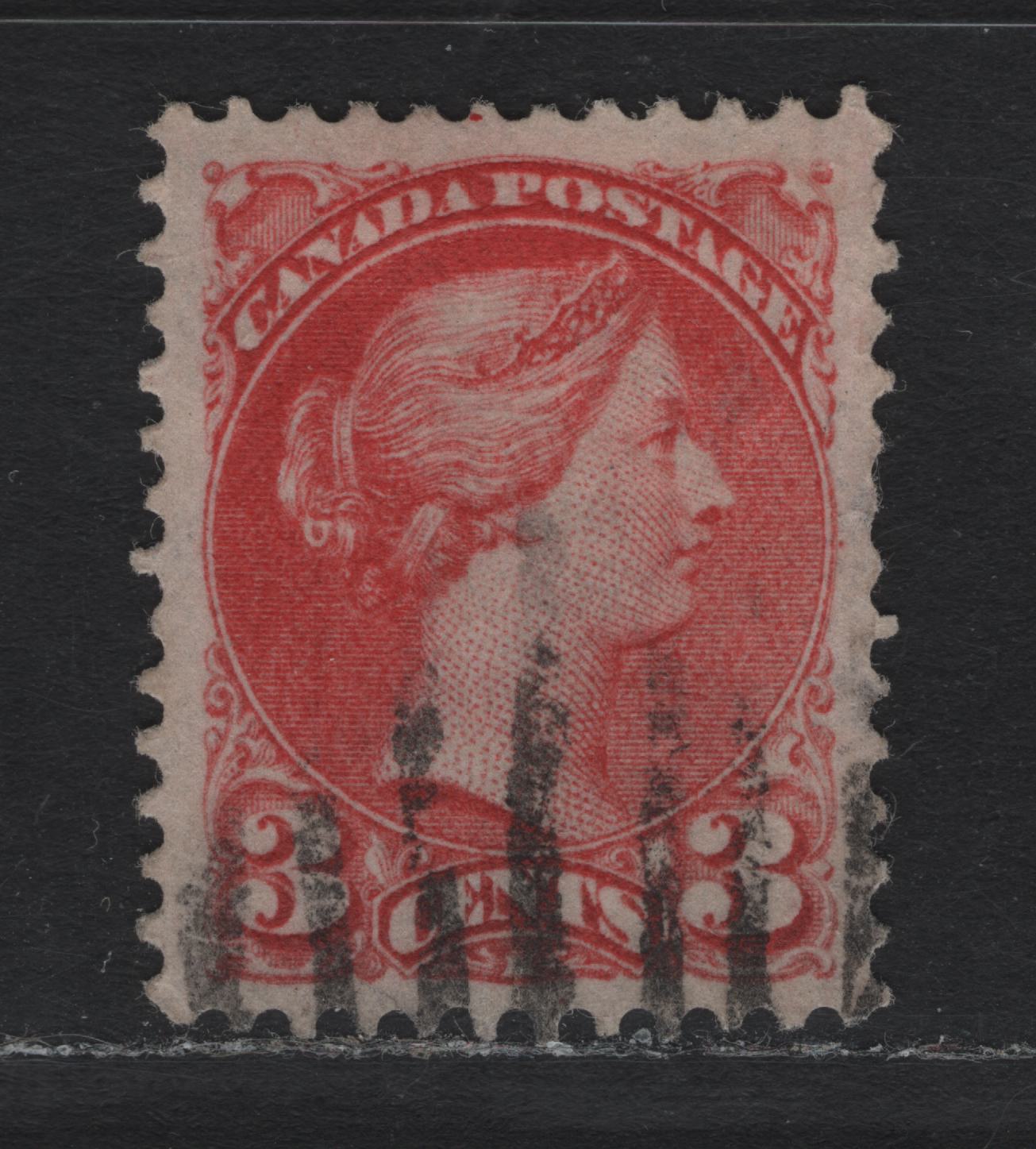 Lot 16 Canada #41i 3c Deep Rose Carmine Queen Victoria, 1888-1897 Small Queen Issue, A Very Good Used Single, Montreal Gazette Printing, Showing Medallion Dot At 3 O'clock & A Dot In The Upper Margin, Paper MG-J, Perf 12.25x12.25.