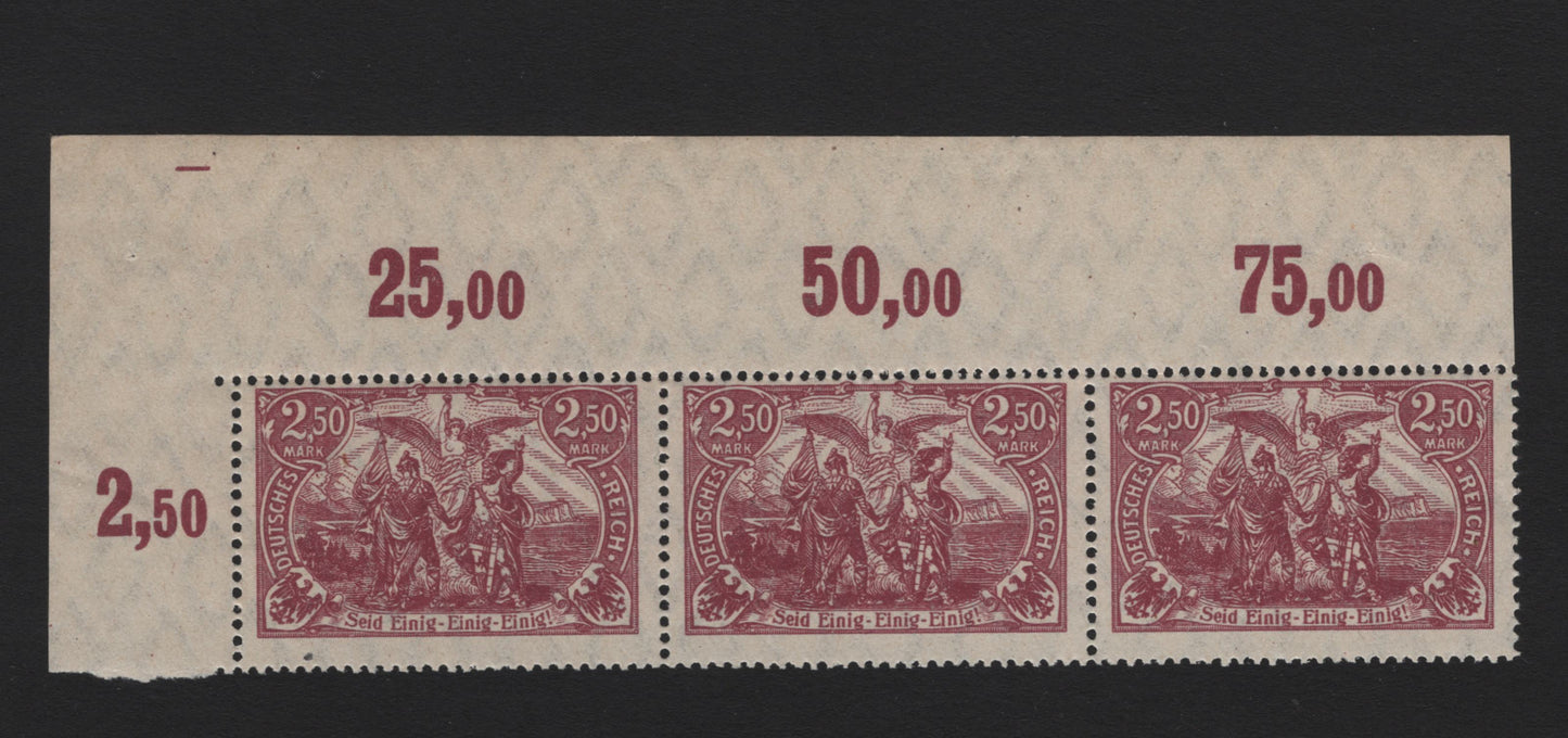 Lot 161 Germany SC#114 (11ePOR) 2.5m Dark Gray Lilac , 1920 Offset Germania Issue, A FNH Corner Sheet Margin Strip, Value Counters