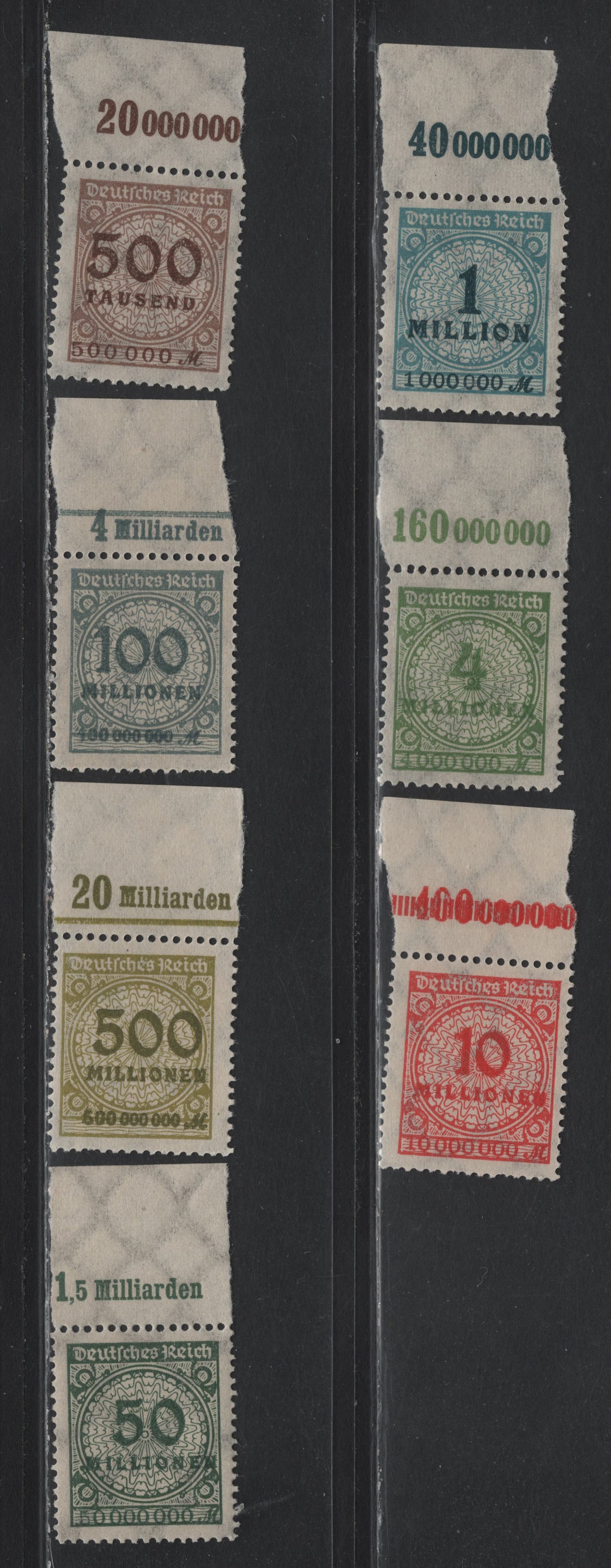 Lot 164 Germany SC#280/293 (313APOR/324APOR) 500th - 500mil Brown - Olive Green , 1923 Numeral On Rosette Issue, 7 F/VFNH Top Sheet Margin Singles, Value Counters, NH On Stamp, Hinged On Selvedge.