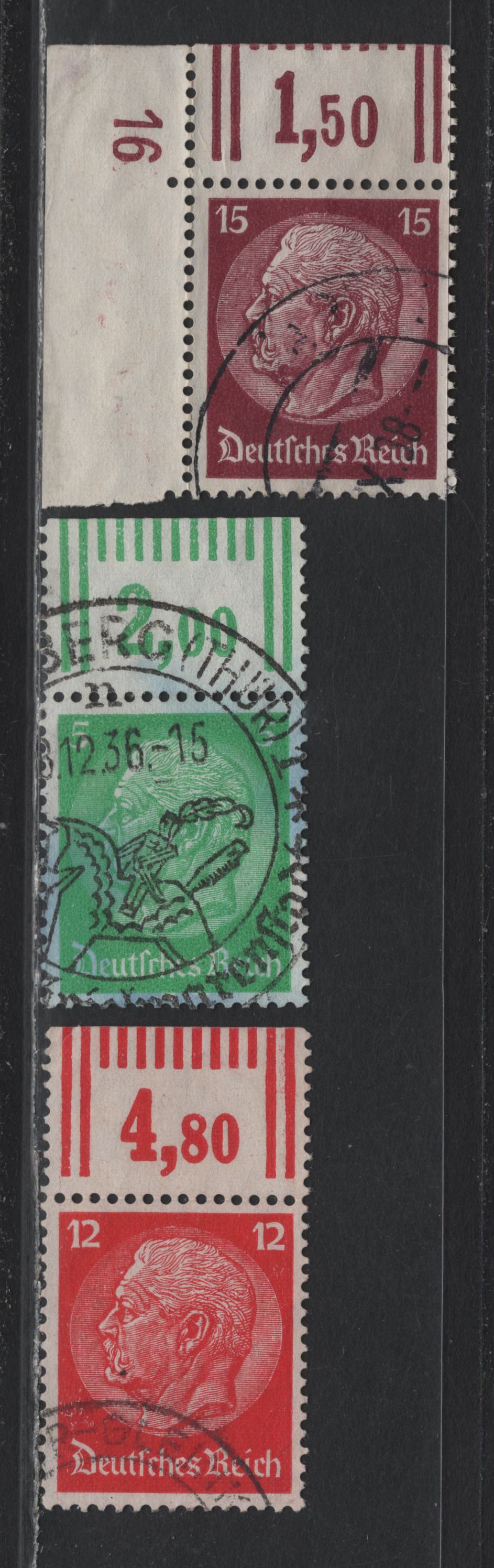 Lot 165 Germany SC#418, 422-423 5pf - 15pf Emerald - Maroon , 1933-1936 Hindenburg Issue, 3 Fine/Very Fine Used Top Sheet Margin Examples, Wmk Swastikas, Rotary Press Printing