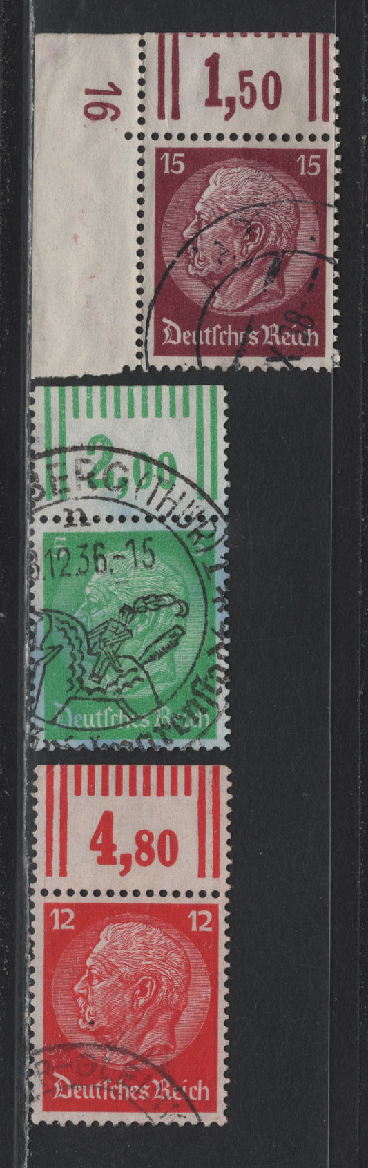 Lot 165 Germany SC#418, 422-423 5pf - 15pf Emerald - Maroon , 1933-1936 Hindenburg Issue, 3 Fine/Very Fine Used Top Sheet Margin Examples, Wmk Swastikas, Rotary Press Printing