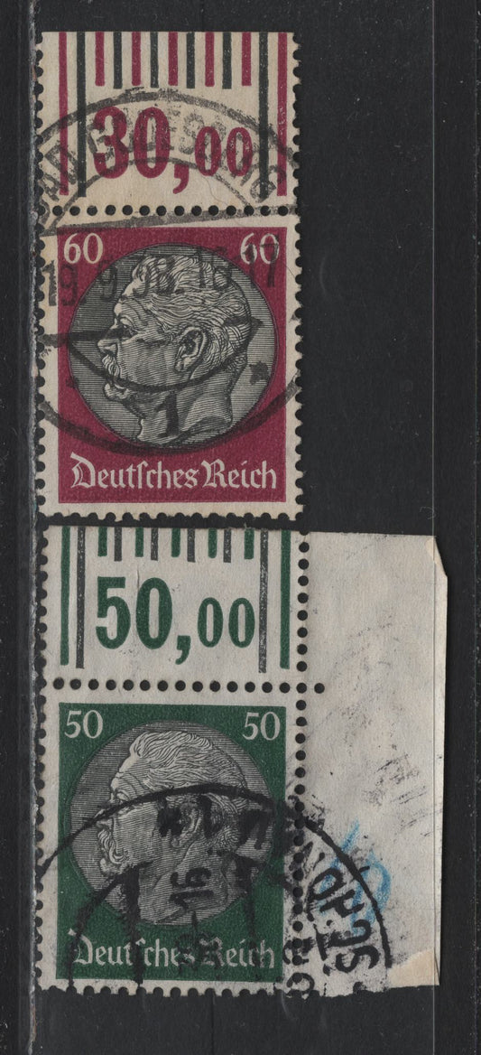 Lot 166 Germany SC#428-429 50pf - 60pf Black & Dark Green - Black & Claret , 1933-1936 Hindenburg Issue, 2 Fine/Very Fine Used Top Sheet Margin Singles, Rotary Press Printings, Value Counters & Color Density Bars