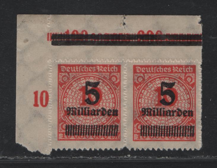 Lot 168 Germany SC#319 (334BPOPDHgORB) 5mlrd on 10mil Red Orange , 1923 Revalued Florette Numeral Issue, A VFOG UL Corner Margin Pair, Munich Overprint In Selvedge, Obliteratary Selvedge Markings