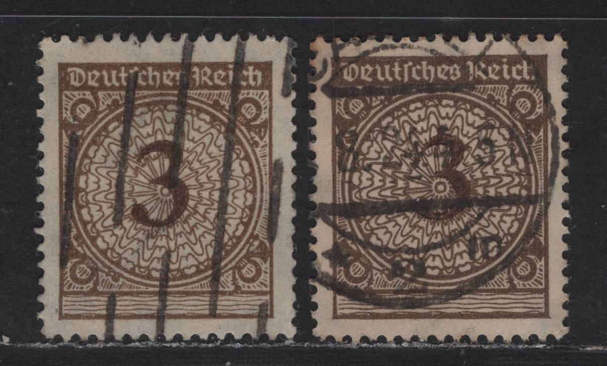 Lot 169 Germany SC#323 (338wa-b) 3pf Dark Orange Brown & Blackish Brown , 1923 Revalued Florette Numeral Issue, 2 Very Fine Used Singles, Rotary Press Printings