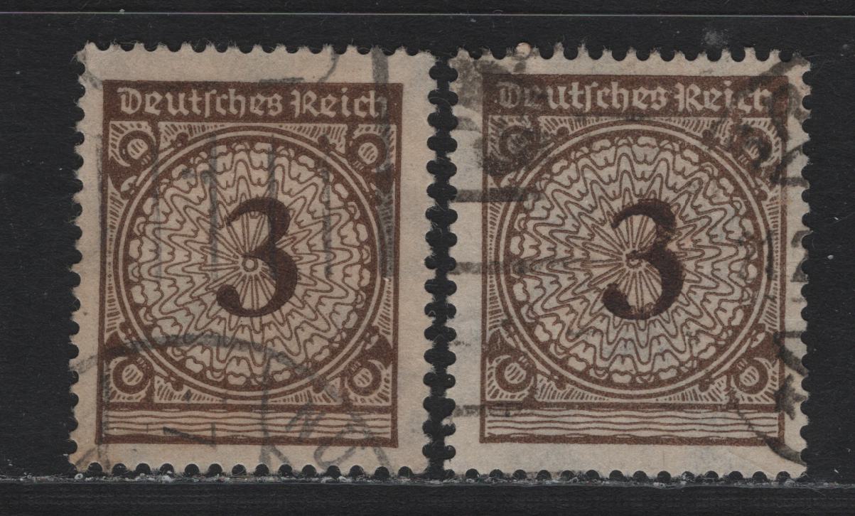 Lot 170 Germany SC#323 (338wa-b) 3pf Dark Orange Brown & Blackish Brown , 1923 Revalued Florette Numeral Issue, 2 Very Fine Used Singles, Rotary Press Printings