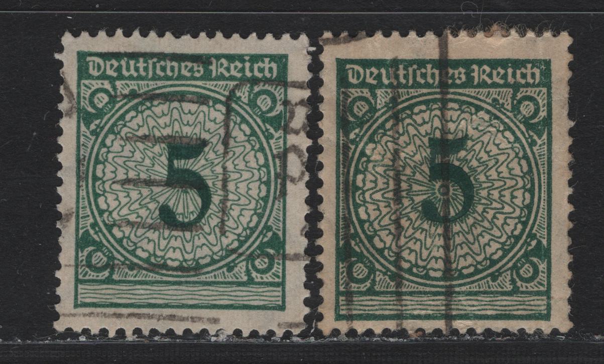 Lot 171 Germany SC#324 (339wa-b) 5pf Dark Green & Blackish Opal Green , 1923 Revalued Florette Numeral Issue, 2 Fine Used Singles, Rotary Press Printings