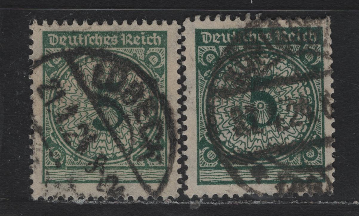Lot 172 Germany SC#324 (339wa-b) 5pf Dark Green & Blackish Opal Green , 1923 Revalued Florette Numeral Issue, 2 Fine Used Singles, Rotary Press Printings, Typical Heavy CDS Cancels